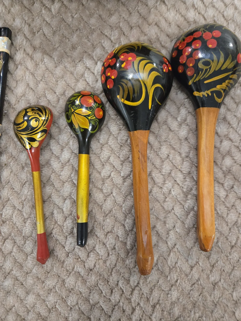 Hand-Painted Russian Khokhloma Serving Spoon Set in Black and Gold